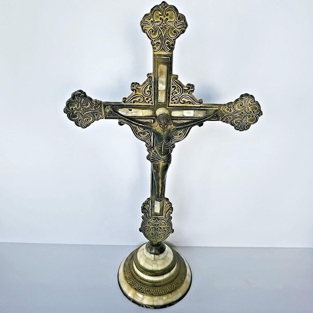 Antique Handmade Altar Cross Crucifix Mother of Pearl Inlay Heavy 20" Tall 1815